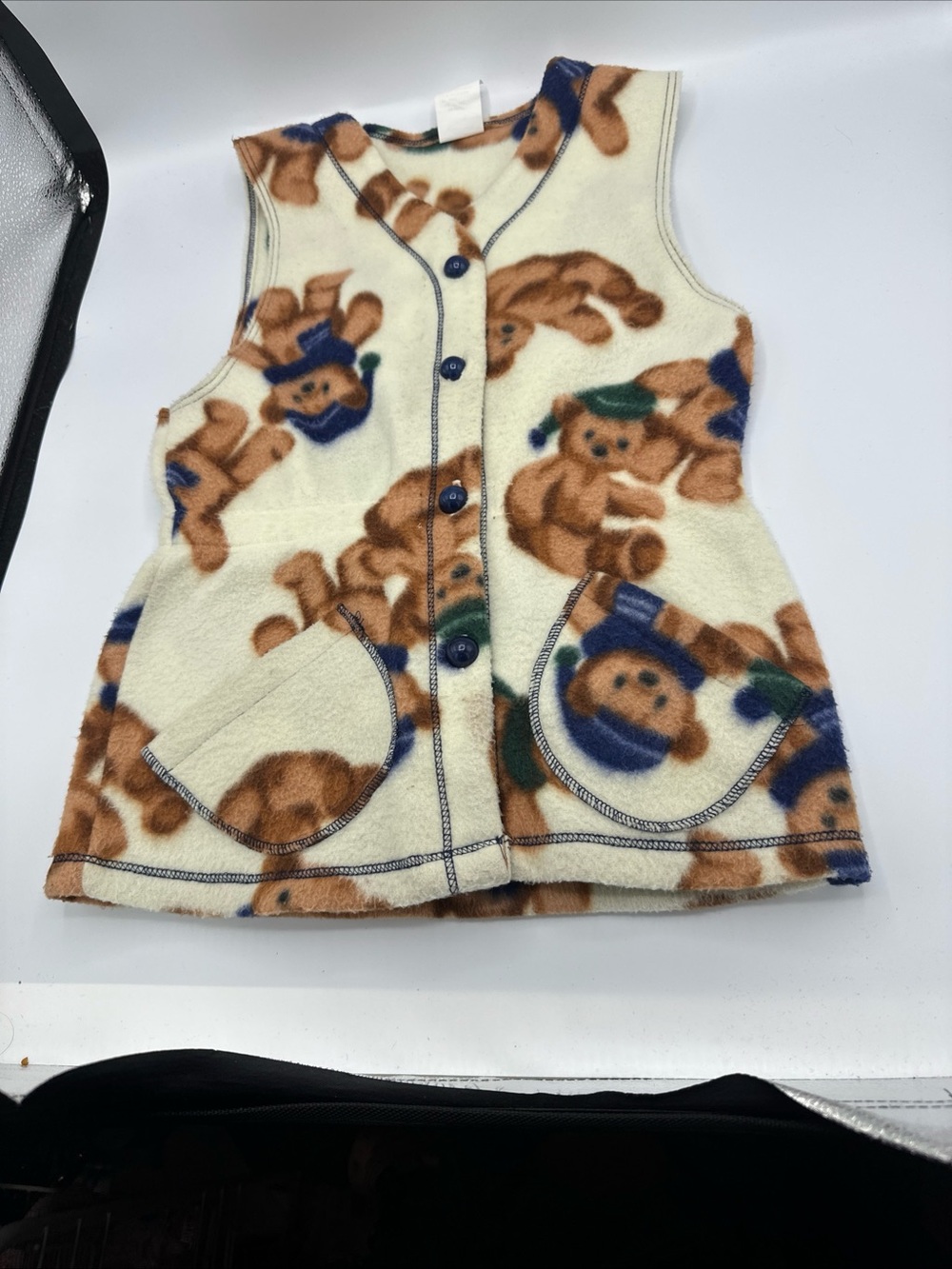 Vintage 90s Teddy Bear Pattern Fleece Long Vest Button Elastic Waist Girls Sz 8